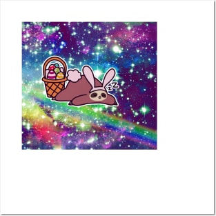 Sleepy Easter Bunny Sloth - Rainbow Space Posters and Art